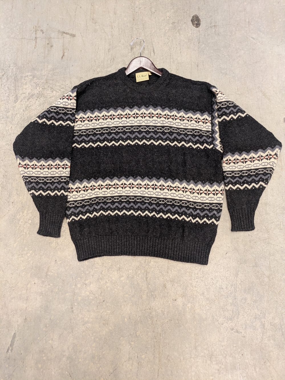 L.L. Bean Black Crewneck Sweater with Cream Fair Isle Stripes
